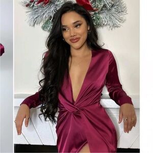Fashion Nova Sugar Free Dress - Sexy Plunging Neckline Satin Mini Dress